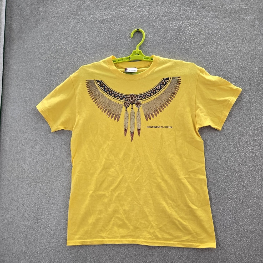 VINTAGE Tribal Shirt MEDIUM Yellow Graphic 90s Feather Headdress Short Sleeve